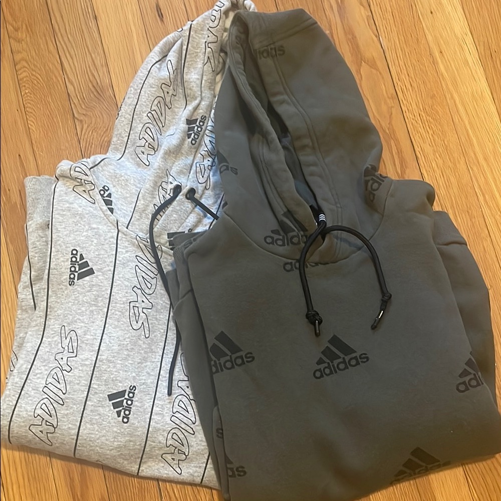 Two Adidas Logo Hoodies Grey & Army Green Medium